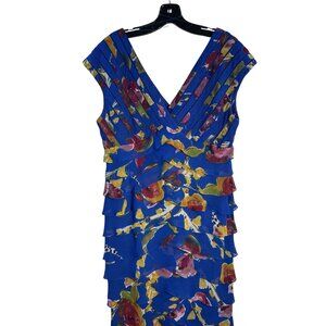 Floral Tiered Blue Sleeveless V-Neck Maxi Dress With Ruffled Layers & Multicolor